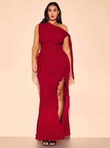 SHEIN BAE 加大女装夏早春纯红色性感简约优雅吊带荷叶边吊带紧身修身女士荷叶边飘带不对称下摆简约女士套装，情人节套装，派对套装，浪漫约会套装，婚礼伴娘服套装，舞会套装，日常通勤套装，红色套装，生日礼服套装，不对称领口露肩套装 - 紅色 - 查看 6