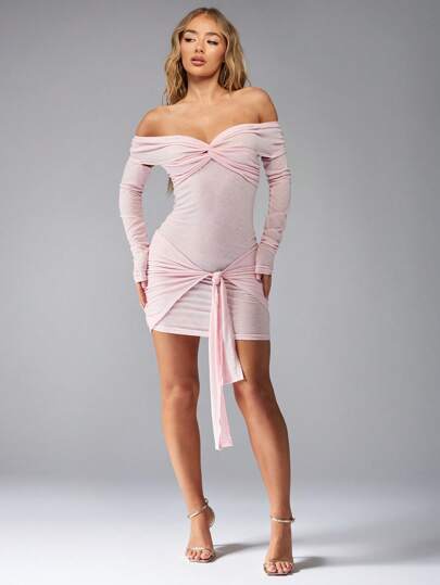 knee length dresses for ladies White Ruched Centre Mini Dress main image 1