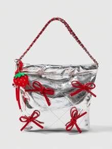 ROMWE Kawaii Fashionable Shiny PU Color-Blocking Bow Decor Drawstring Shoulder Bag For Women - Silver - View 1