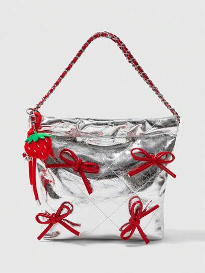 Kawaii Fashionable Shiny PU Color-Blocking Bow Decor Drawstring Shoulder Bag For Women