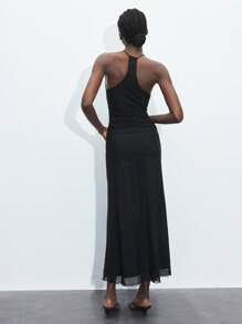Maija Black Hollow-Out Sleeveless Maxi Dress For Women, Sexy Solid Color Backless Halter Dress, Suitable For St. Patrick's Day, Spring Break, Easter