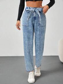 SHEIN Tall 女士牛仔裤休闲七分锥形裤修身蓝色高腰裤女士宽松萝卜裤高腰裤女士高腰牛仔裤牛仔裤 Vita Alta 高腰女装 - 淺色水洗藍 - 查看 5