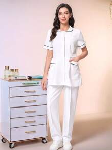 TaskEZ Women's Scrub Uniform Set With Pockets Top And Pants - White - View 7