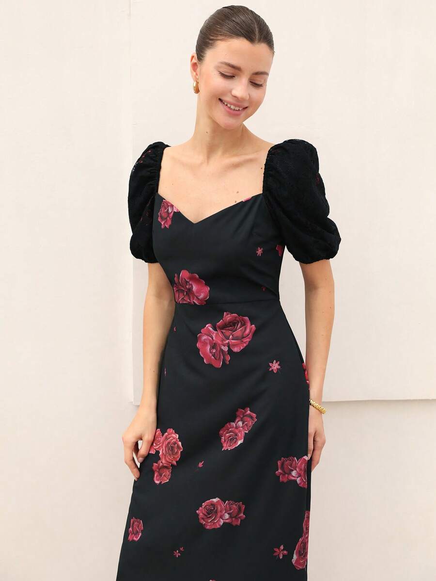 Chiquease Spring/Summer New Elegant French Puff Sleeve V-Neck Black Floral Print Waist-Cinching Long Dress For Women - Multicolor - View 1