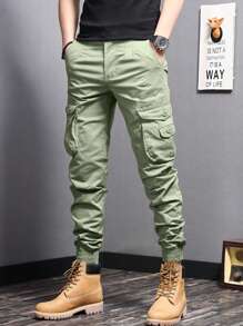 Manfinity Homme Men's Solid Color Pocket Simple Fashion Pants, Suitable For Summer , Cargo Pants Men Jeans, Men Clothes Pants, Men Fashion Pants