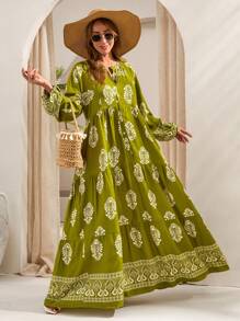 RueChic BOHO Feeling - Bohemian-Inspired Green Maxi Dress – A Chic And Breezy Statement Piece Featuring An Intricately Designed White Placement Print With Floral And Geometric Motifs, Strategically Placed For A Unique And Artisanal Look. Designed With A Button-Front Detail, Flowing Silhouette, And Lightweight Fabric, This Effortless Dress Is Perfect For Beach Vacations, Resort Wear, Or Casual Summer Days Women S Long Dresses Women S Green Dress Bohemian Dresses For Women Boho Dresses For Women - Multicolor - View 1