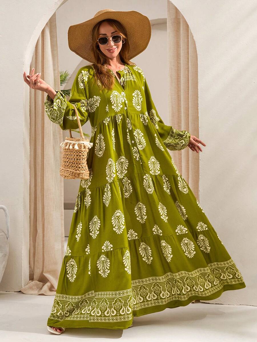 RueChic BOHO Feeling - Bohemian-Inspired Green Maxi Dress – A Chic And Breezy Statement Piece Featuring An Intricately Designed White Placement Print With Floral And Geometric Motifs, Strategically Placed For A Unique And Artisanal Look. Designed With A Button-Front Detail, Flowing Silhouette, And Lightweight Fabric, This Effortless Dress Is Perfect For Beach Vacations, Resort Wear, Or Casual Summer Days Women S Long Dresses Women S Green Dress Bohemian Dresses For Women Boho Dresses For Women - Multicolor - View 1