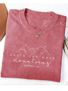 INAWLY 女士字母山峰印花圆领短袖休闲 T 恤 - 紅木色 - 查看 3