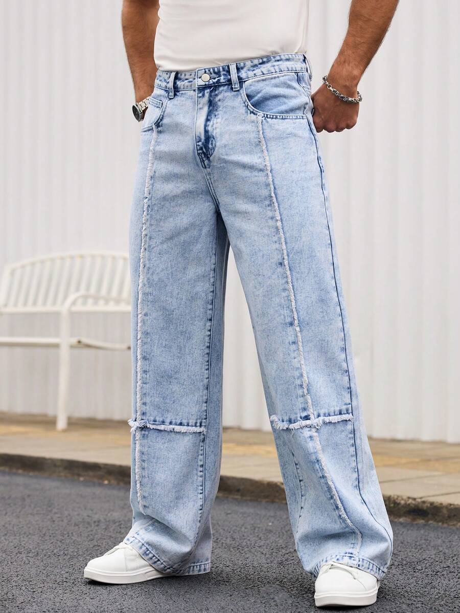 Manfinity Homme Men's Light Wash Denim Long Jeans With Zipper Detail And Wide Leg Fit - Light Wash - View 1