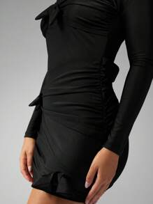 MISSGUIDED Elegant Long Sleeve Mini Dress With Bow Detail Ruched Sides Party Wedding Guest Special Occasion Bodycon Evening Wear - Black - View 4