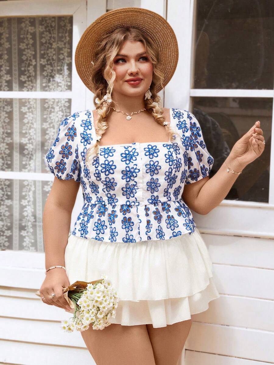 SHEIN VCAY Plus Size White Base Blue Floral Embroidered Bishop Sleeve Square Collar Blouse Cute Summer Tops Embroidery Summer For Women Spring Easter Women Festival Rave Elegant Vacation Woman Casual Boho Graduation Brunch For Women Wedding Guest Women Bohemia Concert Women Country Concert Beach Vacation - Multicolor - View 1