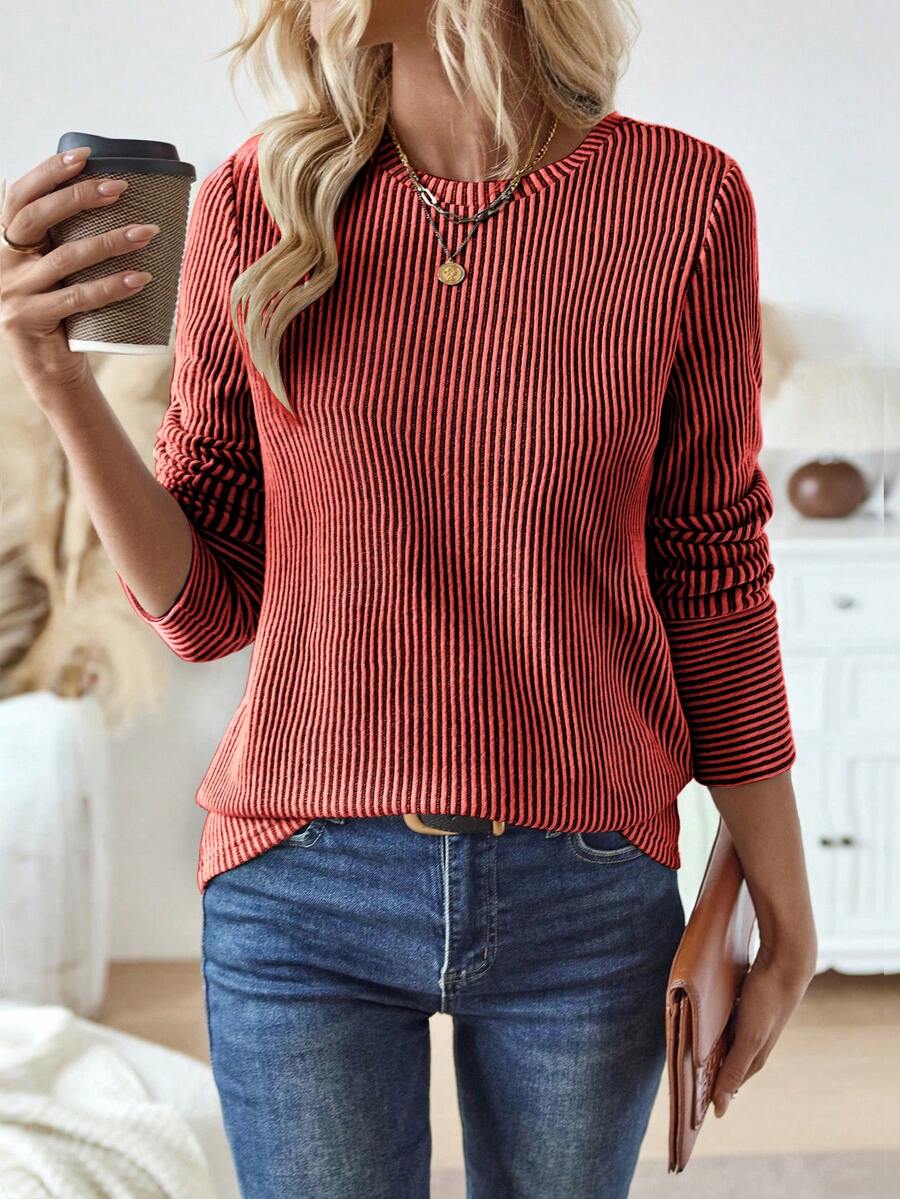 EMERY ROSE 女士休闲条纹圆领长袖宽松T恤，秋季图案T恤女士春季上衣 - 紅色 - 查看 1