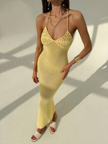 Aloruh Vestido sexy amarillo apretado sin espalda hecho a mano a ganchillo para mujeres, apto para vacaciones de primavera/verano - Amarillo - Ver 4