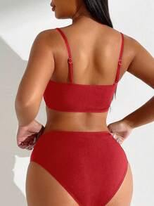 Swim Basics 夏季海滩女士纯色比基尼套装黑色两件套高腰比基尼套装 - 紅色 - 查看 2