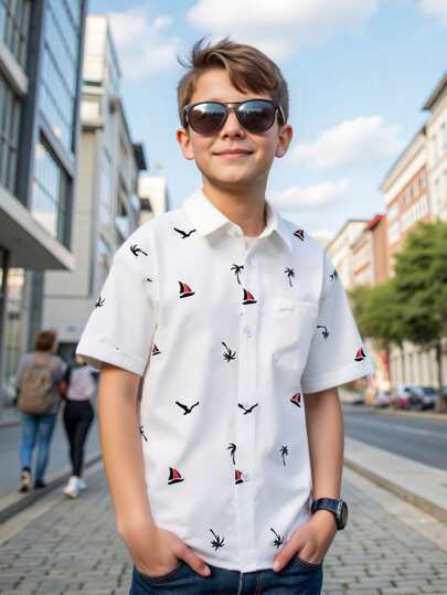 SHEIN Tween Boy Casual Short Sleeve Shirt, Simple & Fashionable For Daily Wear
