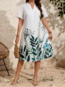 EMERY ROSE Plus Size Women Embroidery Patchwork Floral Print Summer Dress - White - View 2