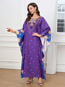 Al Najma Floral & Geometric Spiral Pattern Batwing Sleeve Long Arabic Abaya, Suitable For Daily Wear, Women Formal Elegant Evening Dress, Prom Summer Dress, Modest