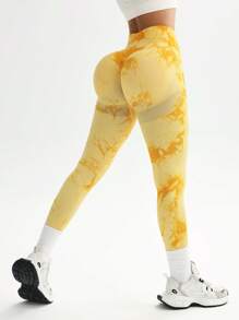 Easithlete Seamless Softness Tie Dye Sports Leggings - Yellow - View 2