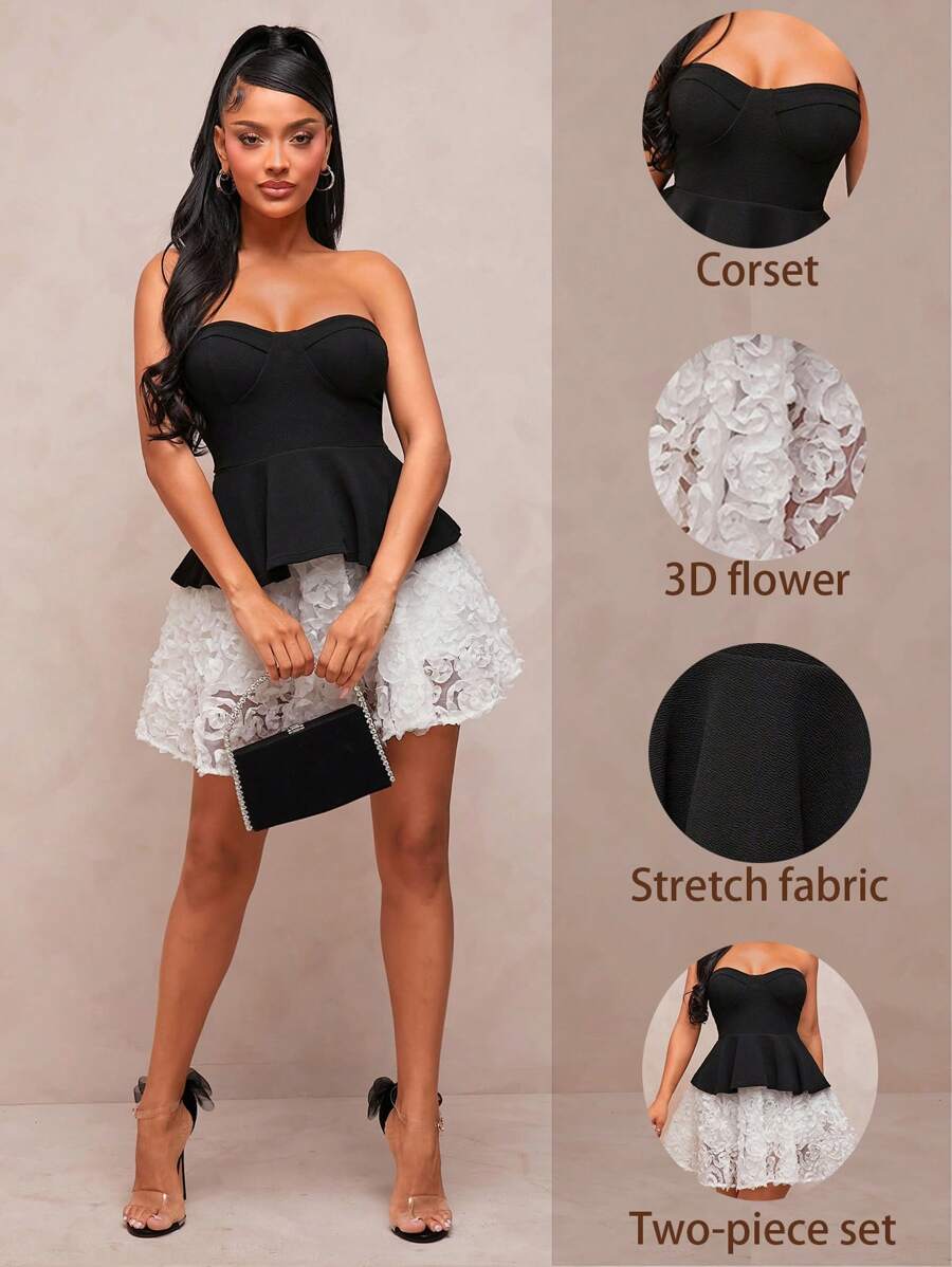 SHEIN SXY 2pcs Black & White Splice Sexy Elegant Cute Ballet Style Set: Tube Top With Ruffle Trim + Layered Princess Skirt, Romantic For Dates, Parties, Birthdays, Graduations, Bridesmaids, Cocktail, Spring/Summer - Black and White - View 1