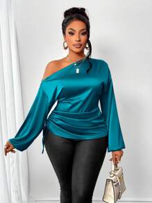 SOLERSUN Women's Solid Color Asymmetric Collar Lantern Sleeve Elegant Side Drawstring Shirt, Spring & Summer One Shoulder Top - Teal Blue - View 5