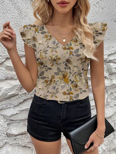 SHEIN Clasi 复古乡村风格印花 V 领盖袖女式修身衬衫