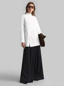 Ontre 2026 Spring/Summer New  White Wrap-Style Solid Color Stand Collar Long Sleeve Minimalist Shirt, Asymmetrical Cut, Casual, Business, Office, Teacher Wear - White - View 7