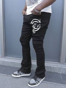 Manfinity EMRG Men's White Washed Denim Loose Gothic Letter Printed Flared Pants, Street Style