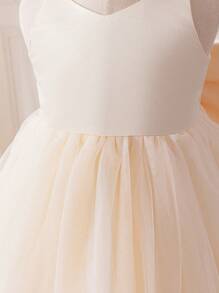 SHEIN Glamorique Kids Vestido de túle y satén para niñas pequeñas para bodas y fiestas, vestido de princesa con volantes de encaje, grandes lazos y decoración, atuendo para niña de las flores/cumpleaños/sesión fotográfica - Albaricoque - Ver 6