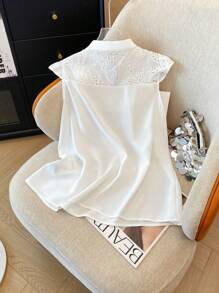 SHEIN LUNE Plus Size Women Solid Color Embroidered Tassel Tie Neck Cap Sleeve Blouse - White - View 2