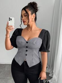 SHEIN LUNE Plus Size Women's French Elegant Minimalist Colorblock Houndstooth Print Collar Puff Sleeve Cinched Waist Asymmetric Hem Button Decorated Blouse