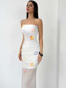 Firerie Sukienka bandeau wiosenno-letnia bez ramiączek, nowa, elegancka, romantyczna, na randkę, na wakacje, z marszczeniami w talii, kolorowa, 3D, ręcznie robiona, z siateczki kwiatowej, w kolorze białym, odpowiednia na sezon ślubny walentynek