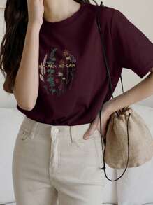 DAZY T-shirt à broderie florale et lettres NO-PAIN NO-GAIN