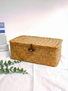 1 件北欧风格手工编织海草收纳盒，带盖，创意节省空间的收纳盒，适用于化妆品、桌面文具、衣服、玩具、浴室、卧室、客厅、宿舍、办公桌、零食和珠宝。适用于架子、抽屉、桌面、壁橱、游戏室、教室、办公室和返校用品。