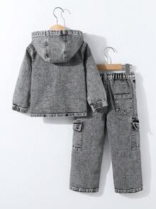 SHEIN Conjunto de 2 piezas de niños pequeños con top con capucha informal y pantalones vaqueros rectos de cargo