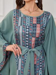 Al Najma Ramadan Women's Geometric Printed Batwing Sleeve Kaftan,Modest - Green - View 5