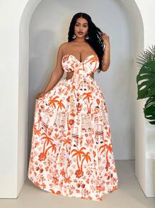 Slaydiva Plus Size Women Holiday Hollow Out Waist Floral Print Strapless Dress