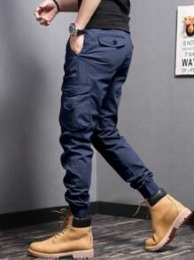 Manfinity Homme Quần dài nam trơn màu thường ngày, phù hợp cho mùa hè, quần túi hộp, mùa thu - Xanh đậm - Xem 6