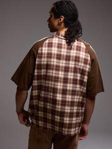 Musero Checkered Short Sleeve Contrast Oversized Stripe Sleeve Shirt