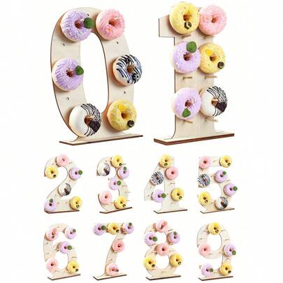 1 套数字 0-9 木制甜甜圈展示架支架板，生日派对桌装饰派对婚礼性别揭秘派对用品