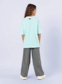 SUMWON Bộ đồ thể thao Los Angeles áo nỉ oversize màu xanh bạc hà, dáng rộng thoải mái, phong cách thể thao thường ngày cho trẻ em, quần jogger streetwear, mặc mùa xuân thu - màu xanh lá - Xem 2