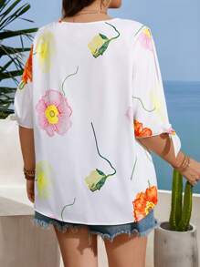 SHEIN LUNE Plus Size Women's Round Neck Open Shoulder Tie Knot Print Blouse - White - View 2