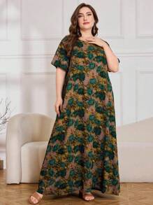 SHEIN Lacomfia Abito casual a fiori con maniche corte, morbido e ampio, taglie forti, adatto per primavera ed estate