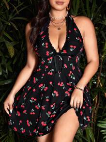Sunnyshic Plus Size Jacquard Cherry Bowknot Dress
