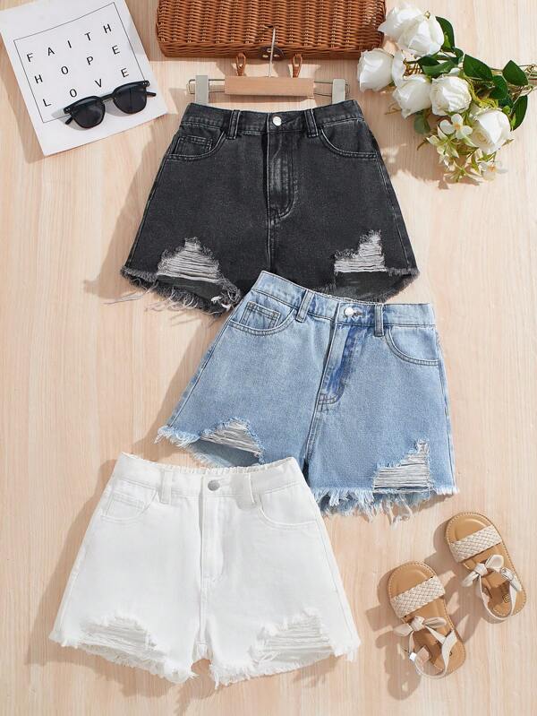 SHEIN Conjunto informal de verano de 3 piezas para niñas preadolescentes: shorts vaqueros rotos holgados de color negro, azul y blanco con bolsillo en diagonal, para vacaciones de verano, conciertos, festivales, escuela, campus y universidad