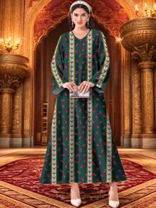 Al Najma Casual & Simple Full Print Conservative Arabic Style Dress - White - View 1