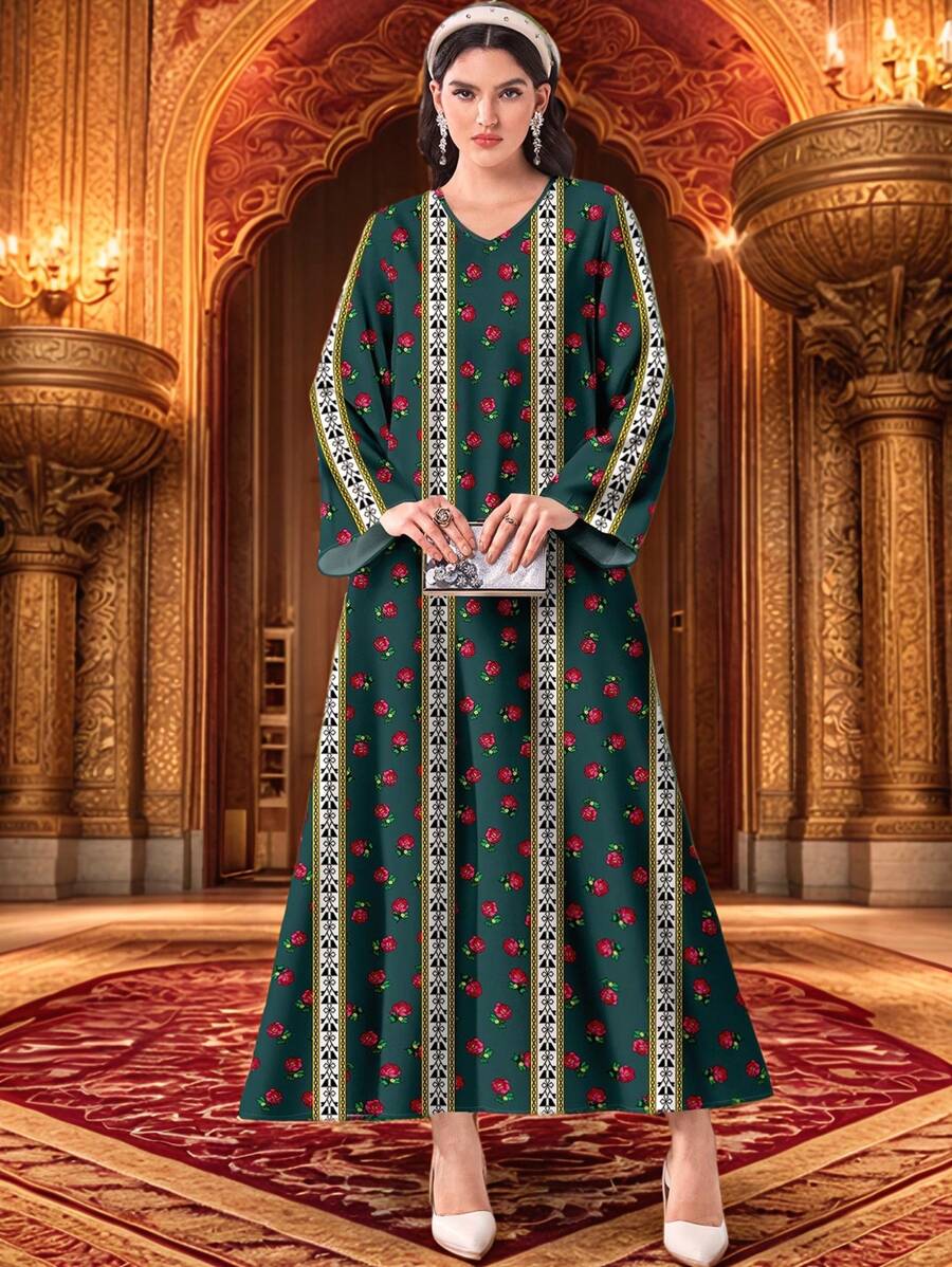 Al Najma Casual & Simple Full Print Conservative Arabic Style Dress - White - View 1