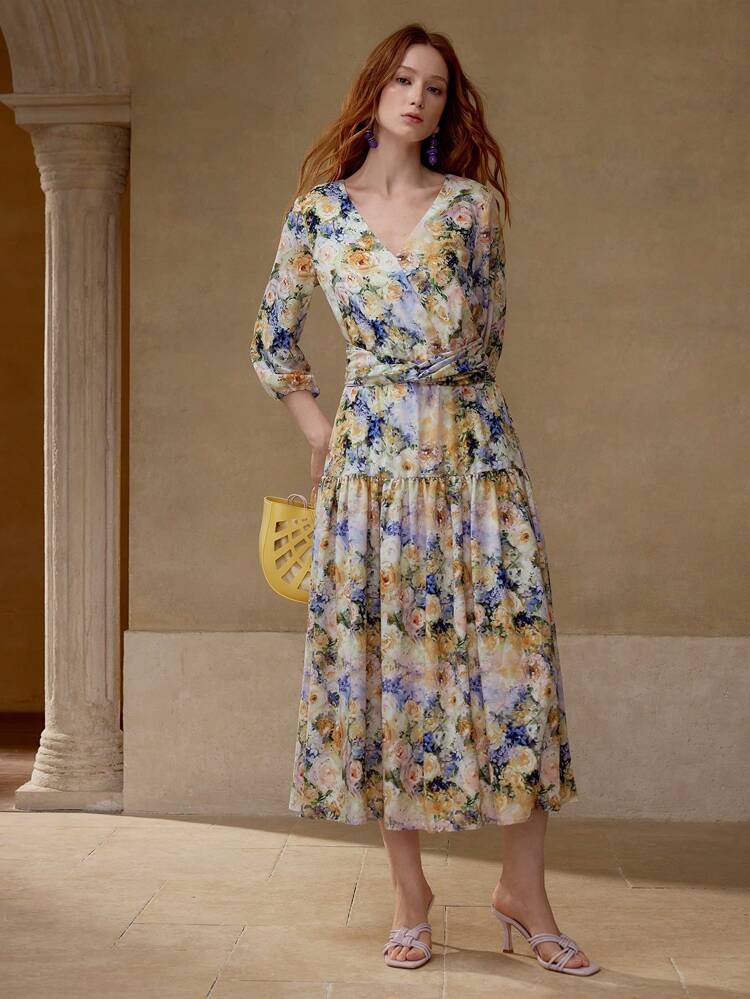 FLORAL PRINT RUFFLE HEM DRESS