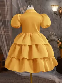 Young Girl Plain Collar Puff Sleeve Fitted Casual Dress - Gold - View 2
