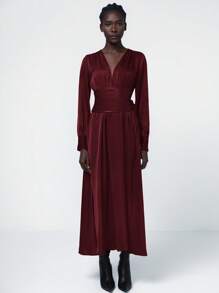 Aveloria Modichic Elegant Deep V-Neck Waist Cinched Waist Ruffle Hem Long Sleeve Dress For Women, Spring Outfit Fall Cloth For Women