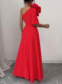 Rafferiza Women's Pink Asymmetrical Neck Dress With 3D Floral Detail, Asymmetric Sleeve Design, Fitted Waist, Maxi Length Loose - Red - View 2